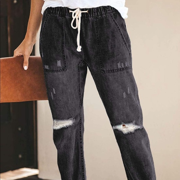 Sidefeel Pants - Distressed Pocketed Denim Joggers with an elastic drawstring waist